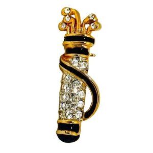 Vintage Gold Tone Small Golf Bag Brooch Pin - Enameled w/Crystals